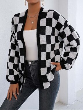 New Washed Hazel Blues® Checkered Open Front Long Sleeve Cardigan Plus Size 3X